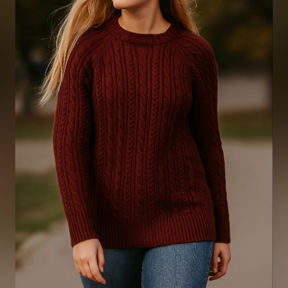 BLEU GRAY Cotton Blend lightweight Cable knit tunic length sweater Burgundy SzM